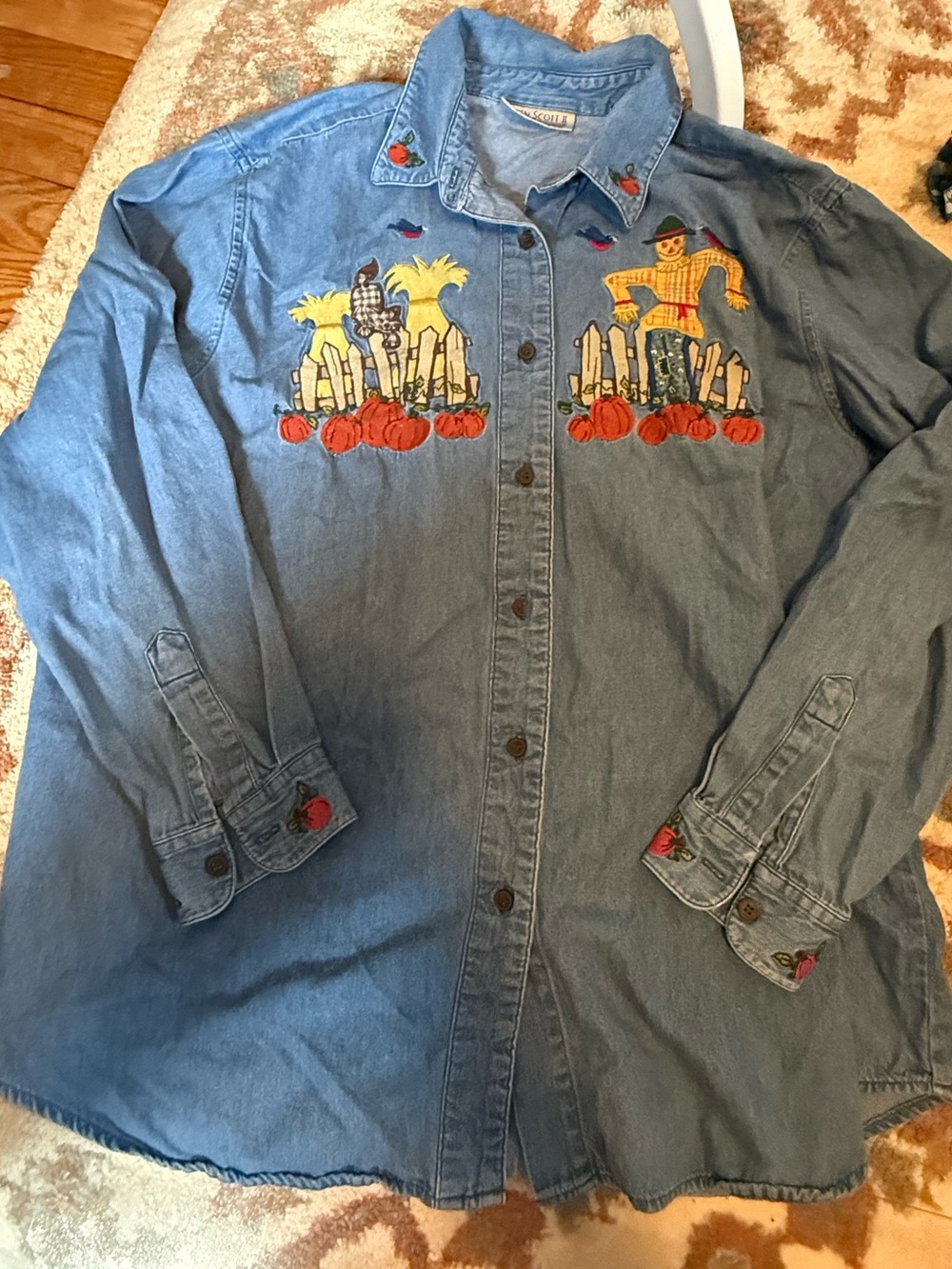 Karen Scott II denim long sleeve button up shirt 1XL fall scarecrow pumpkins